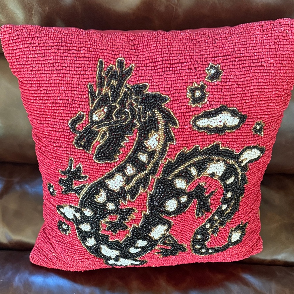 High End Red Black White Gold Beaded Dragon Throw Pillow - Picture 2 of 8